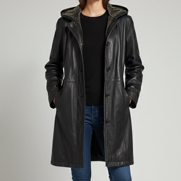 Danier Jackets & Blazers - Danier Black Leather Trench Long Hooded Fur‎ Jacket Women’s Size Medium Large
